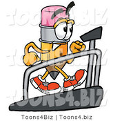 Illustration of a Cartoon Pencil Mascot Walking on a Treadmill in a Fitness Gym by Mascot Junction