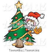 Illustration of a Cartoon Pencil Mascot Waving and Standing by a Decorated Christmas Tree by Mascot Junction
