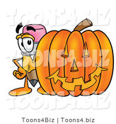 Illustration of a Cartoon Pencil Mascot with a Carved Halloween Pumpkin by Mascot Junction