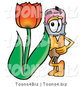 Illustration of a Cartoon Pencil Mascot with a Red Tulip Flower in the Spring by Mascot Junction