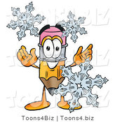 Illustration of a Cartoon Pencil Mascot with Three Snowflakes in Winter by Mascot Junction
