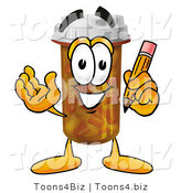Illustration of a Cartoon Pill Bottle Mascot Holding a Pencil by Mascot Junction
