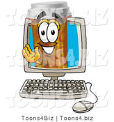 Illustration of a Cartoon Pill Bottle Mascot Waving from Inside a Computer Screen by Mascot Junction