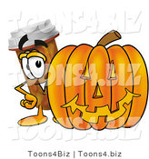 Illustration of a Cartoon Pill Bottle Mascot with a Carved Halloween Pumpkin by Mascot Junction