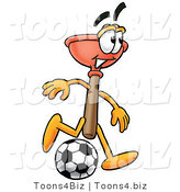 Illustration of a Cartoon Plunger Mascot Kicking a Soccer Ball by Mascot Junction