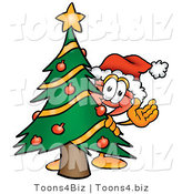 Illustration of a Cartoon Plunger Mascot Waving and Standing by a Decorated Christmas Tree by Mascot Junction