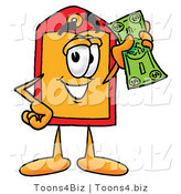 Illustration of a Cartoon Price Tag Mascot Holding a Dollar Bill by Mascot Junction