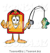 Illustration of a Cartoon Price Tag Mascot Holding a Fish on a Fishing Pole by Mascot Junction