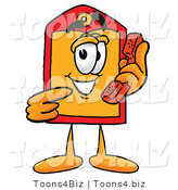 Illustration of a Cartoon Price Tag Mascot Holding a Telephone by Mascot Junction