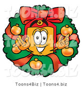 Illustration of a Cartoon Price Tag Mascot in the Center of a Christmas Wreath by Mascot Junction