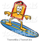 Illustration of a Cartoon Price Tag Mascot Surfing on a Blue and Yellow Surfboard by Mascot Junction