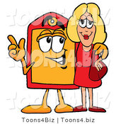 Illustration of a Cartoon Price Tag Mascot Talking to a Pretty Blond Woman by Mascot Junction