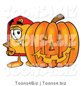 Illustration of a Cartoon Price Tag Mascot with a Carved Halloween Pumpkin by Mascot Junction
