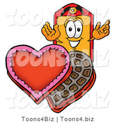 Illustration of a Cartoon Price Tag Mascot with an Open Box of Valentines Day Chocolate Candies by Mascot Junction