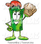 Illustration of a Cartoon Rolled Money Mascot Catching a Baseball with a Glove by Mascot Junction