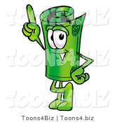 Illustration of a Cartoon Rolled Money Mascot Pointing Upwards by Mascot Junction