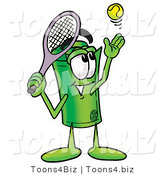 Illustration of a Cartoon Rolled Money Mascot Preparing to Hit a Tennis Ball by Mascot Junction