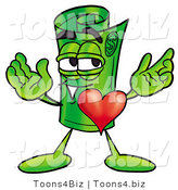 Illustration of a Cartoon Rolled Money Mascot with His Heart Beating out of His Chest by Mascot Junction