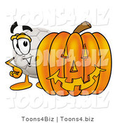 Illustration of a Cartoon Soccer Ball Mascot with a Carved Halloween Pumpkin by Mascot Junction