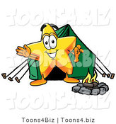Illustration of a Cartoon Star Mascot Camping with a Tent and Fire by Mascot Junction