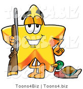 Illustration of a Cartoon Star Mascot Duck Hunting, Standing with a Rifle and Duck by Mascot Junction