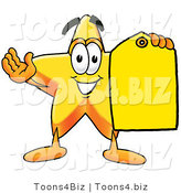 Illustration of a Cartoon Star Mascot Holding a Yellow Sales Price Tag by Mascot Junction