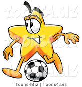 Illustration of a Cartoon Star Mascot Kicking a Soccer Ball by Mascot Junction