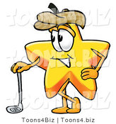 Illustration of a Cartoon Star Mascot Leaning on a Golf Club While Golfing by Mascot Junction
