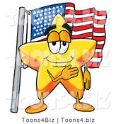 Illustration of a Cartoon Star Mascot Pledging Allegiance to an American Flag by Mascot Junction