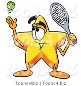 Illustration of a Cartoon Star Mascot Preparing to Hit a Tennis Ball by Mascot Junction