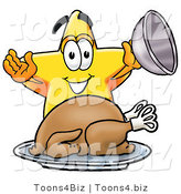 Illustration of a Cartoon Star Mascot Serving a Thanksgiving Turkey on a Platter by Mascot Junction