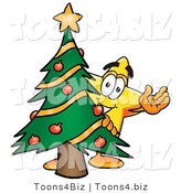 Illustration of a Cartoon Star Mascot Waving and Standing by a Decorated Christmas Tree by Mascot Junction