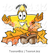 Illustration of a Cartoon Star Mascot with Autumn Leaves and Acorns in the Fall by Mascot Junction