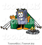 Illustration of a Cartoon Suitcase Mascot Camping with a Tent and Fire by Mascot Junction