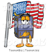 Illustration of a Cartoon Suitcase Mascot Pledging Allegiance to an American Flag by Mascot Junction
