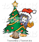 Illustration of a Cartoon Suitcase Mascot Waving and Standing by a Decorated Christmas Tree by Mascot Junction