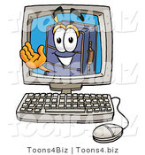 Illustration of a Cartoon Suitcase Mascot Waving from Inside a Computer Screen by Mascot Junction