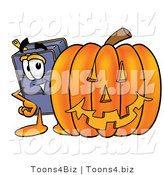 Illustration of a Cartoon Suitcase Mascot with a Carved Halloween Pumpkin by Mascot Junction