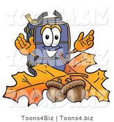 Illustration of a Cartoon Suitcase Mascot with Autumn Leaves and Acorns in the Fall by Mascot Junction