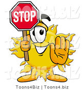 Illustration of a Cartoon Sun Mascot Holding a Stop Sign by Mascot Junction