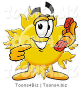 Illustration of a Cartoon Sun Mascot Holding a Telephone by Mascot Junction