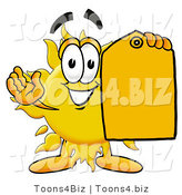 Illustration of a Cartoon Sun Mascot Holding a Yellow Sales Price Tag by Mascot Junction