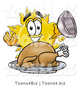 Illustration of a Cartoon Sun Mascot Serving a Thanksgiving Turkey on a Platter by Mascot Junction