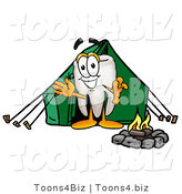 Illustration of a Cartoon Tooth Mascot Camping with a Tent and Fire by Mascot Junction