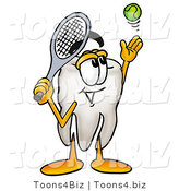 Illustration of a Cartoon Tooth Mascot Preparing to Hit a Tennis Ball by Mascot Junction