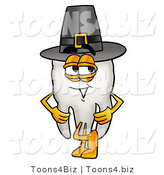 Illustration of a Cartoon Tooth Mascot Wearing a Pilgrim Hat on Thanksgiving by Mascot Junction