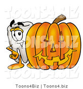 Illustration of a Cartoon Tooth Mascot with a Carved Halloween Pumpkin by Mascot Junction