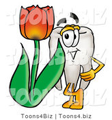 Illustration of a Cartoon Tooth Mascot with a Red Tulip Flower in the Spring by Mascot Junction