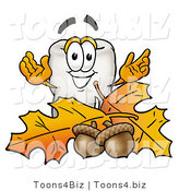 Illustration of a Cartoon Tooth Mascot with Autumn Leaves and Acorns in the Fall by Mascot Junction