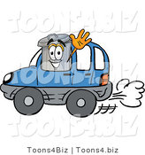 Illustration of a Cartoon Trash Can Mascot Driving a Blue Car and Waving by Mascot Junction